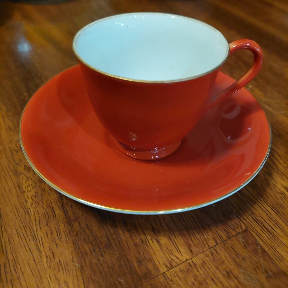 Made In Occupied Japan Dark Orange Teacup & Saucer Jyoto China